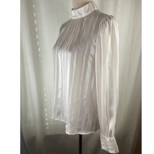 Haute Monde Women's Ivory & Gold Metallic Stripe Pleated Mock Neck Blouse Large